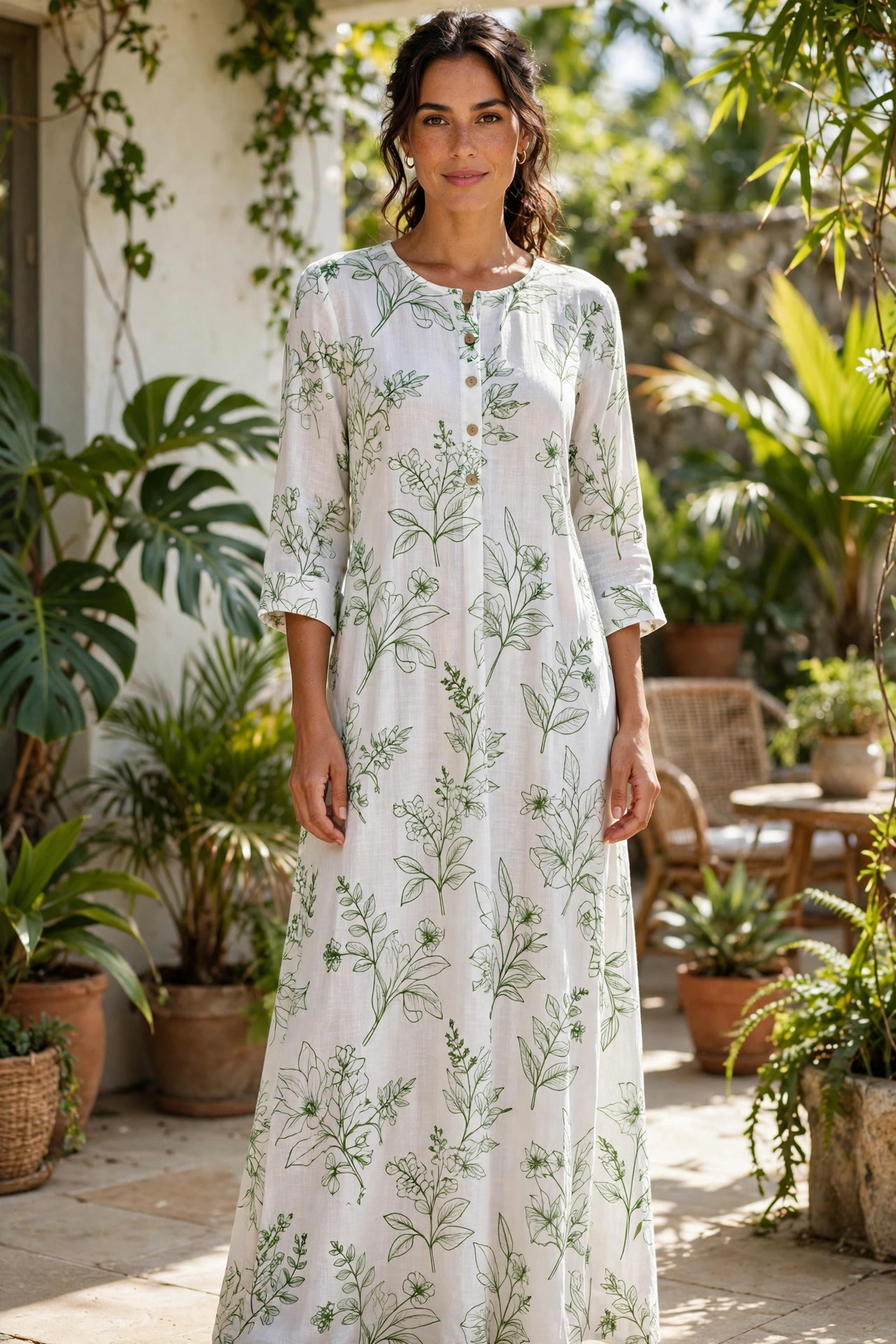 Vestido de viscolinho estampado botânico verde — peça pronta
